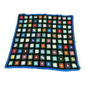 Colorful Bright Crochet Granny Square Afghan Blanket 55"  Lap Throw Blue Border